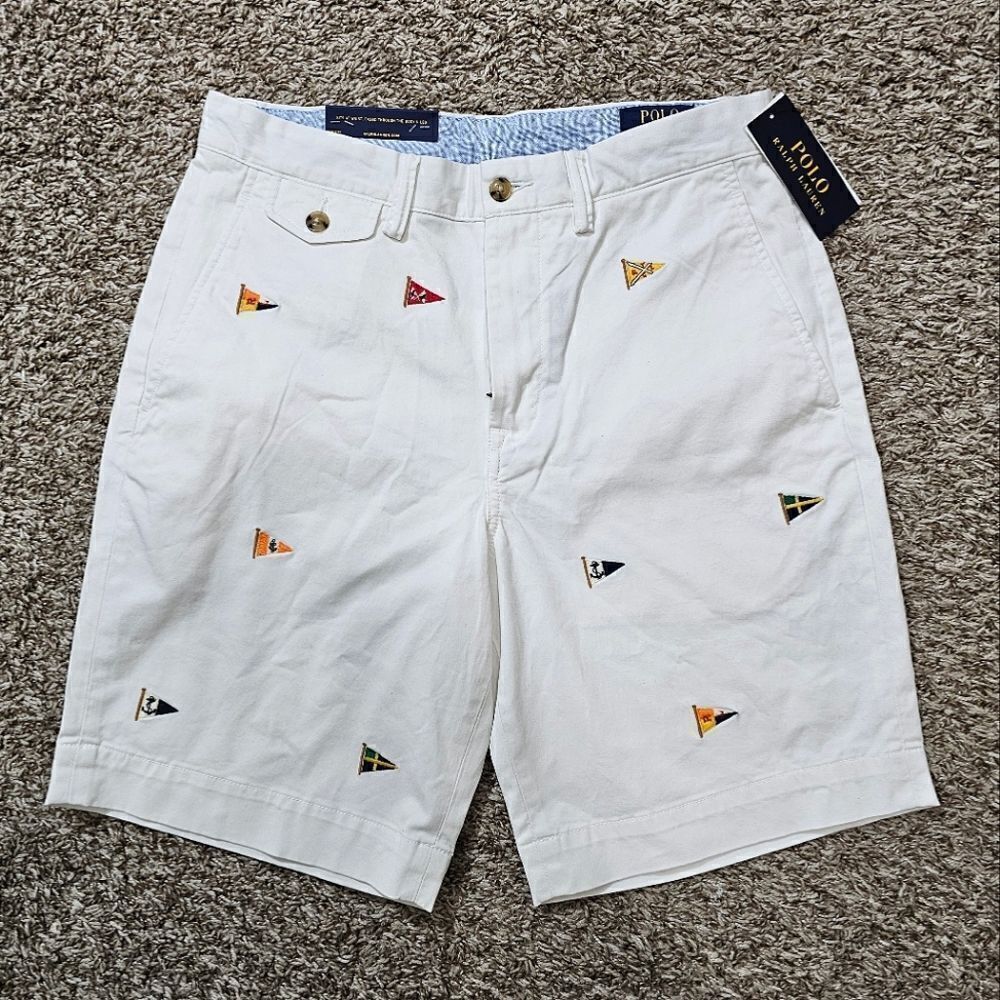 Polo Ralph Lauren Classic Chino Shorts Nautical Flags Knots Embroidered 30 White